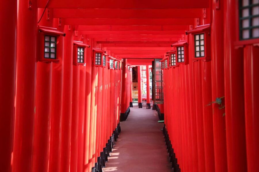Naha: Guided E-Bike Tour of the 12 Zodiac Temples - Ankokuji and an old gate beneath a gajumaru tree