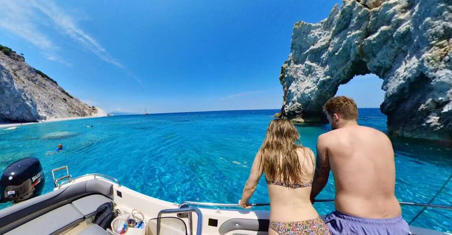 Skiathos: Private Lalaria Beach and Caves Speedboat Tour - Leaving Skiathos and reaching the first swim stop